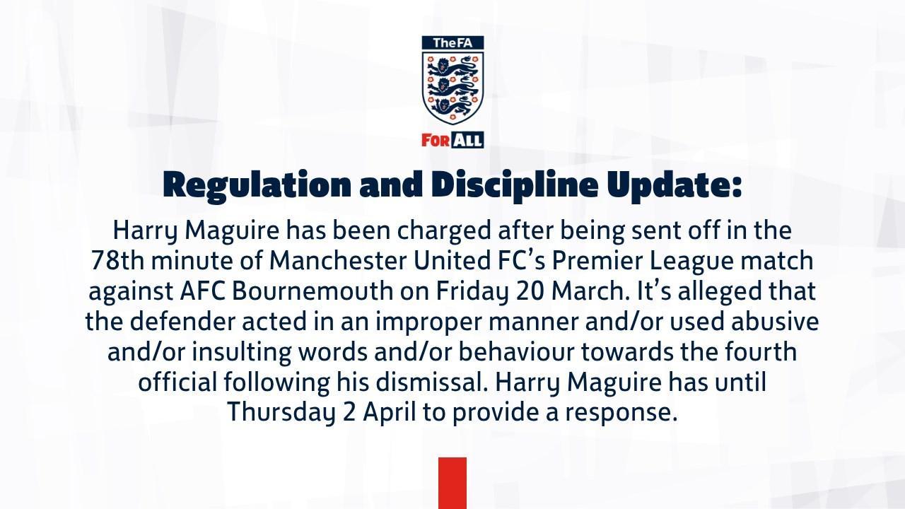 开云应用-官方：因对阵樱桃染红后对四官行为不当，马奎尔被英足总指控